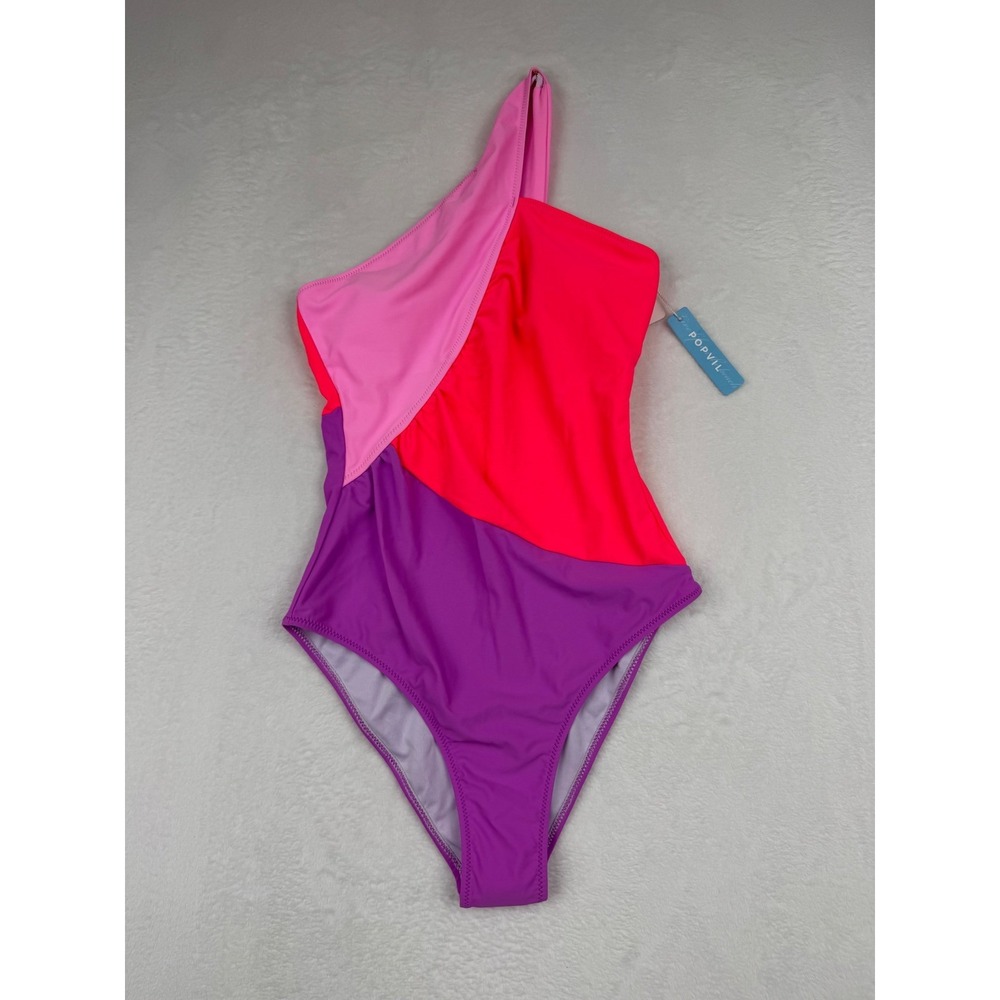 Popvil Women's Small 4-6  One Shoulder Colorblock One Swimsuit Pink Purple Neon